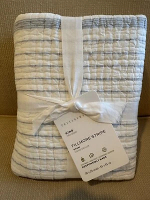 NEW POTTERY BARN FILLMORE STRIPED REVERSIBLE QUILTED SHAM KING WHITE/CHAMBRAY - Image 1 of 4