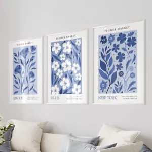 Navy Blue Botanical Wall Art Prints Flower Market Living Room Posters Pictures - Picture 1 of 6