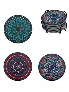 Sottobicchieri Mandala con Supporto 6 Set Ceramica Boho Coaster Bevande Assorbenti - Foto 1 di 7