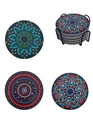 Mandala Drink Coasters with Holder 6 Set Ceramic Boho Coaster Drinks Absorbent - Image 1 of 4