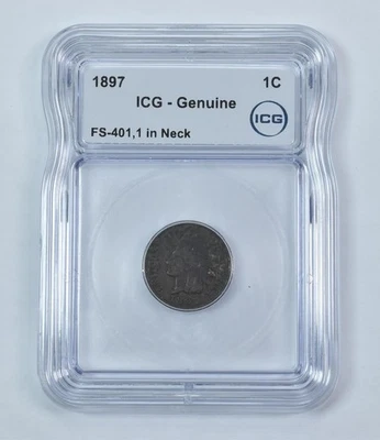 Error 1897 Indian Head Cent FS-401 1 In Neck Genuine ICG *9247 - Image 1 of 3
