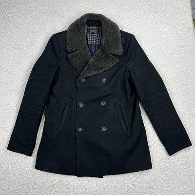 Rag and Bone Double Breasted Peacoat Men's Size 38 Black Wool Fur Overcoat - Image 1 of 4