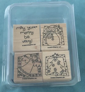 Stampin’ Up! -Muy Feliz-Juego de 4 sellos de caucho y madera-Usado-Navidad - Imagen 1 de 3
