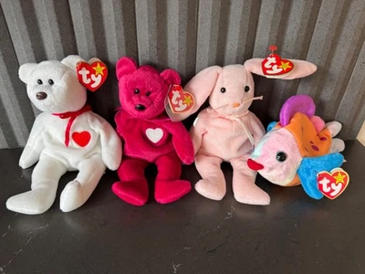 NWT TY Original Beanie Babies Set of FOUR- Valentino Valentina Lips & Hoppity - Image 1 of 4