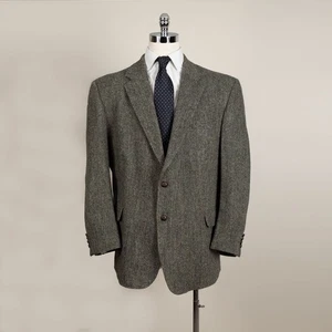 Vintage Harris Tweed Herringbone Wool Blazer Beige Green Tint Fleck 52R - Picture 1 of 14