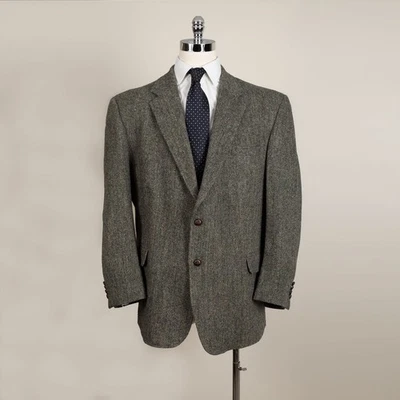Vintage Harris Tweed Herringbone Wool Blazer Beige Green Tint Fleck 52R - Image 1 of 4