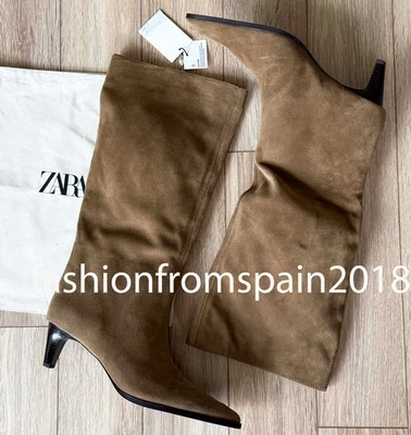 ZARA NEW WOMAN SPLIT LEATHER KITTEN HEEL BOOTS BROWN 35-42  2012/610/105 - Image 1 of 2