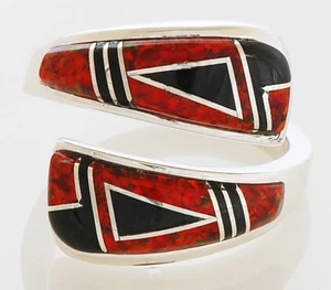Navajo Handmade Wrap-Around Sterling Silver with Opal and Onyx Inlay Ring Size 7 - Picture 1 of 3