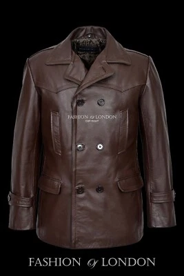 KRIEGSMARINE Men's German Pea Coat Submarine Cowhide Leather Jacket Coat Brown - Image 1 of 4