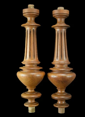 Architectural Antique French Pair of Walnut Wood Post Pillars Columns Lamp Cover