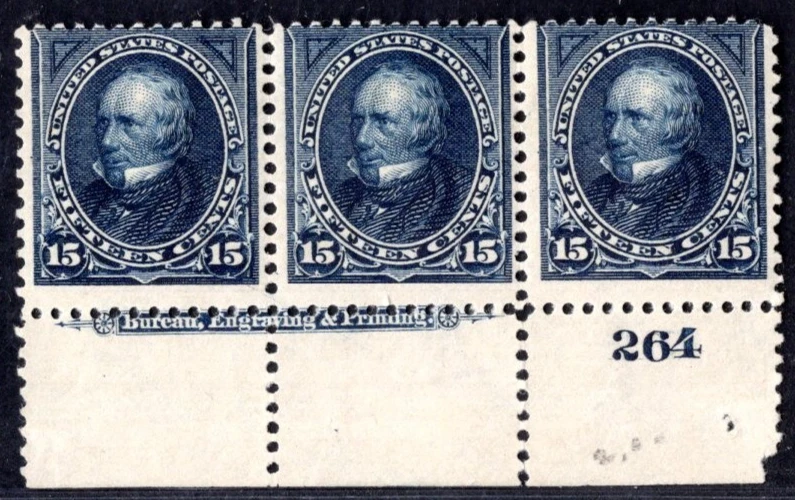 US 1895 PRESIDENT CLAY 15¢ STRIP OF 3 WITH PLATE # SCOTT #274 MINT HINGED - Image 1 of 2