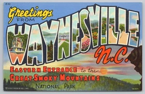 Postal de lino 1940 carta grande saludos desde Waynesville Carolina del Norte - Imagen 1 de 2