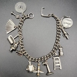 Vintage Sterling Silver Charm Bracelet 11 Heavy Plane Phone Cuban link 31g - Picture 1 of 22