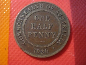 1920 Australian Predecimal Coin. KGV (1/2) Half Penny. x 1 Coin Ungraded - Picture 1 of 2