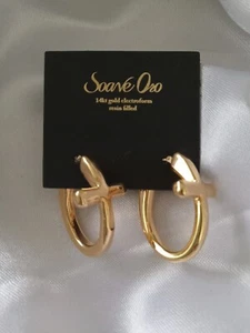 14K Yellow Gold Italy Electroform Cross Oval Hoop Earrings, HSN, New Without Tag - Picture 1 of 14
