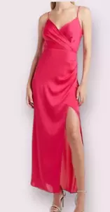 NWT Express Hot Pink Satin Slip Dress M Maxi Cowl Nack Spaghetti Strap Slit Gown - Picture 1 of 10