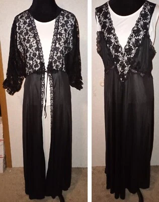 Vintage Black Nylon Sheer Lace 1X Peignoir Set Long Gown Robe Ruffle Sleeve - Image 1 of 4