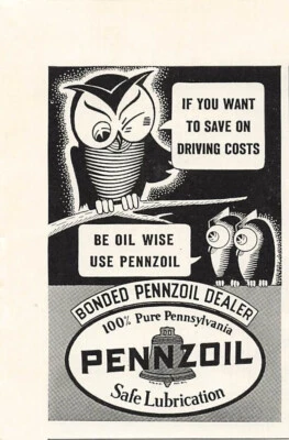 Publicidade a óleo Pennzoil anúncio vintage publicidade a óleo de coruja noturna 1937 - Imagem 1 de 2