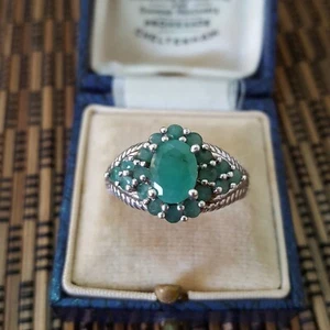 Art Deco 925 Sterling Silver Ring, Genuine Emerald Ring, Size R US 8.5 - Picture 1 of 9