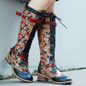 Mujer Estampado Retro Cuero Con Cordones Cremallera Cinturón Hebilla Hasta la Rodilla Botas Zapatos - Imagen 1 de 11