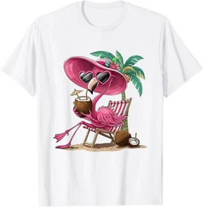 Palm Flamingo Pink Beach Tree Summer Vacation T-Shirt - Picture 1 of 3