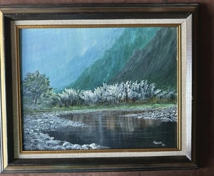 “Peaceful Valley” , is a landscape oil painting signed Stella Honda & date 1982. - Picture 1 of 4