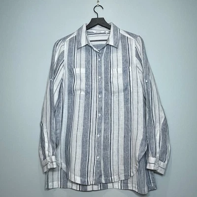 Camisa manga larga 100 % lino a rayas 100 % blanco azul ATHLETA para mujer talla pequeña Foto 1 de 4