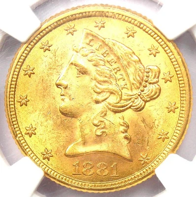 1881 Liberty Gold Half Eagle $5 Coin - NGC MS64+ Plus Grade - $1,715 Value! - Image 1 of 4