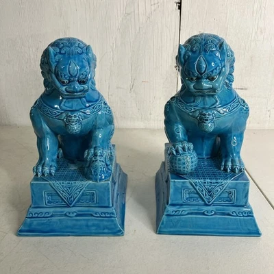 Un par de antiguos leones chinos de porcelana esmaltada turquesa República ~ 9 pulgadas de alto Foto 1 de 4