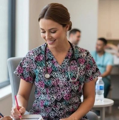Divine Curves Women's Size 1X Medical Scrub Top W24" X L28" Multi-Color Hearts - Image 1 of 4