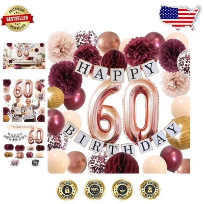 Decoraciones de 60 cumpleaños oro rosa para mujer - Lujo Borgoña champán floral... Foto 1 de 4