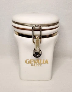 Gevalia Kaffe Canister Storage Jar White Ceramic Hinge Lock Closure Logo 7.5" - Picture 1 of 6