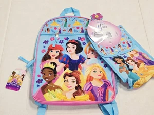 Disney Princess Girls Backpack 4 Pc Set Lunch Tote Tiana Belle Rapunzel Ariel Ne - Picture 1 of 8