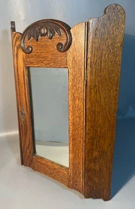 Hänge Eck Eiche Schrank Wand Apotheker Tiger Eiche Spiegel an Tür geschnitztes Wappen - Bild 1 von 7