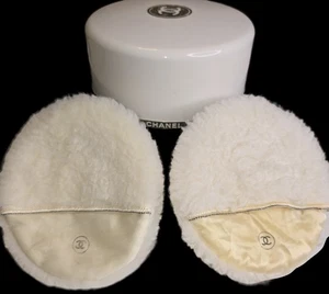 Vintage Chanel 4.5" Powder Puff Silk With Pocket With CC Logo X2 & Powder Case - Picture 1 of 7