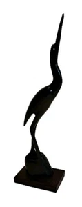 Vintage MCM Carved Horn Heron Crane Egret Bird Figurine 9.5" H Wood Base Brown - Picture 1 of 13