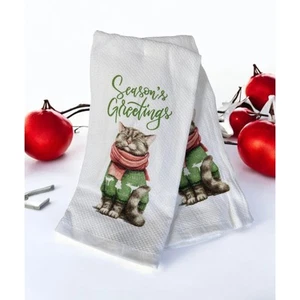 NUOVO Set Asciugamani Cucina Stagioni Auguri Vacanze Natale Tabby Gatto Gattino - Foto 1 di 2