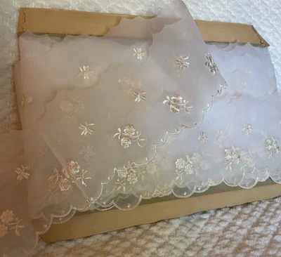Vintage Ivory Sheer Lace Trim - Embroidered Flowers & Scalloped Edge - 3” x 15yd - Image 1 of 3