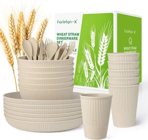 36-Piece Wheat Straw Dinnerware Sets for 6, Farielyn-X Unbreakable Reusable Set - Picture 1 of 11