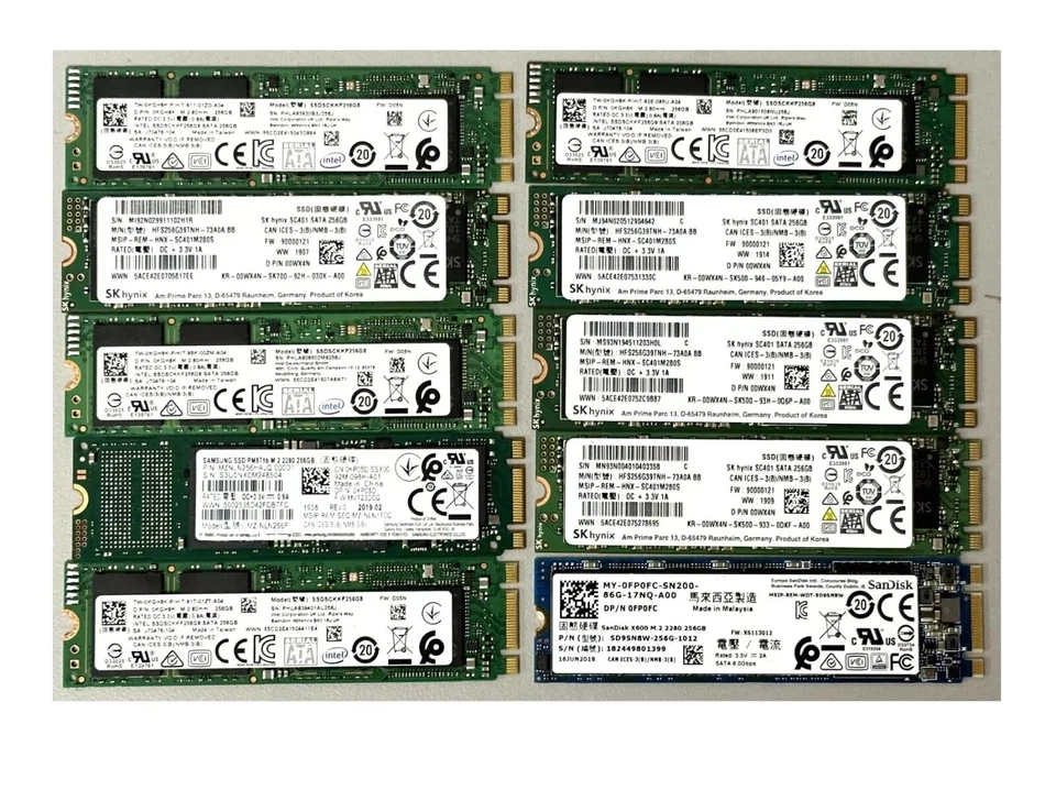 LOT of 10 Mixed Brand 128GB SATA III M.2 SSD 80mm SK Hynix SanDisk Samsung Intel - Image 1 of 1