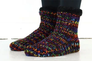 Hand Knitted Wool Slipper Socks Sherpa Lining Handmade Woolly Warm Black Rainbow - Picture 1 of 5