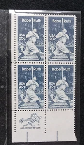 Block of 4 BABE RUTH U S Postage stamps NO GUM but Unused - Picture 1 of 1