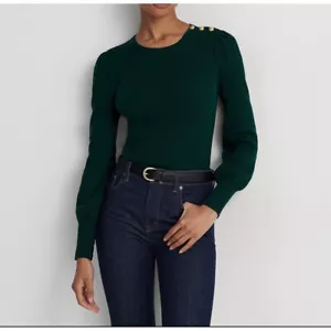 Lauren Ralph Lauren Ribbed Knit Top Gold Button Shoulder Detail Size L - Picture 1 of 7