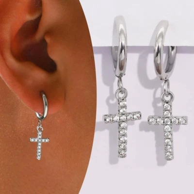 Orecchini a cerchio con croce pendente con Zirconi in Acciaio Uomo Donna Unisex - Immagine 1 di 4