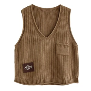Women Retro Patch Knitted Vest Hollow Sweater Waistcoat Pullover Tops Ethnic - Picture 1 of 19