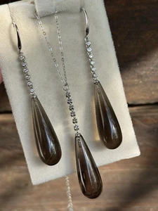 Set collana pendenti orecchini quarzo fumè naturale argento 925 STILE ART DECO - Foto 1 di 9