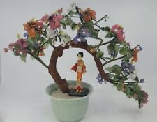 Vtg.  Large Chinese Jade Bonsai Tree w/Celadon Green Pot Glass Flowering Tree