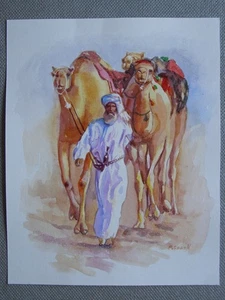 Arte de pintura acrílica acuarela original BEDOUIN CAMEL por artista - Imagen 1 de 2