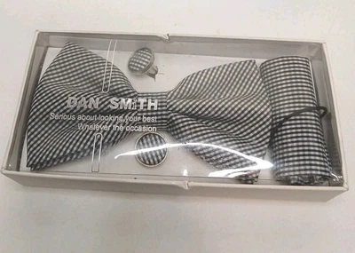 Dan Smith мужской галстук-бабочка запонки и карман квадратный черный и белый клетчатый  - Изображение 1 из 3