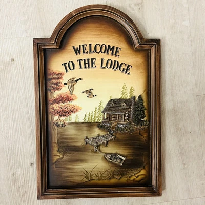 Welcome Lodge Sign  3D Raised Cabin Wildlife Waterfront Trees Ducks In Relief - Image 1 of 4